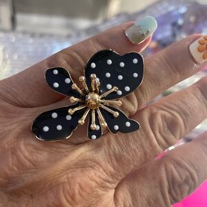 Source Unknown Black and whitePolka Dot Flower Ring-with Gold Accents